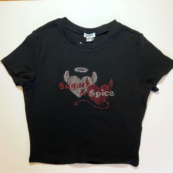 Garage Y2K Cropped Rhinestone Baby Tee Sugar & Spice Angel & Devil Black XS NEW - Picture 2 of 9